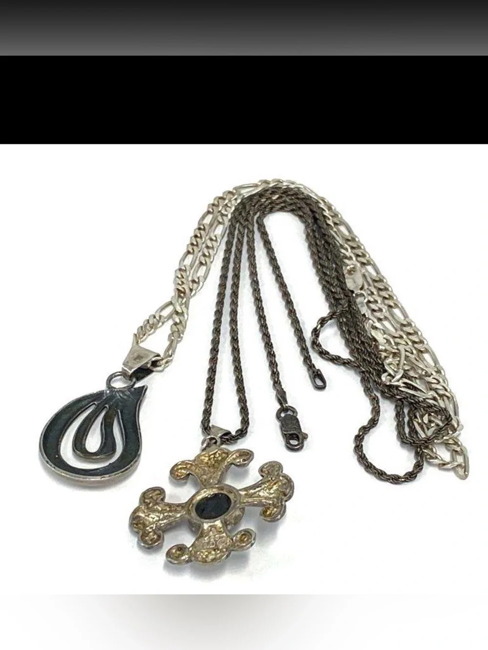 Vintage 925 Sterling Silver Onyx Cross Teardrop Pendant Chain Necklace lot 30.5G